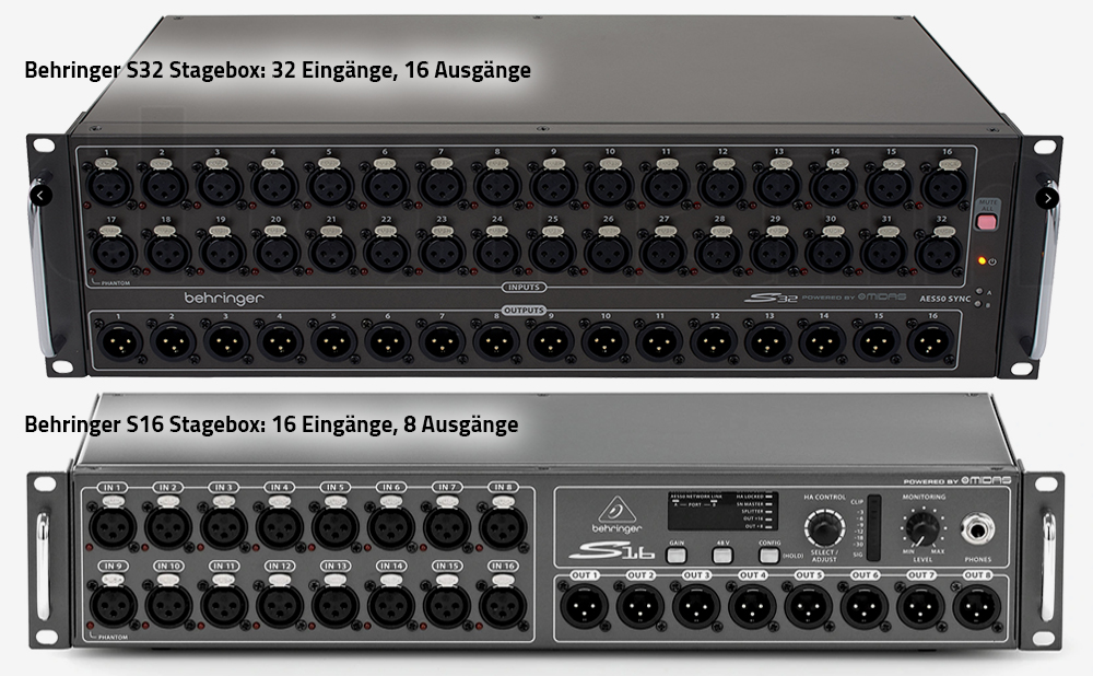 Oben: Behringer S16 Stagebox, Unten: S32 Stagebox