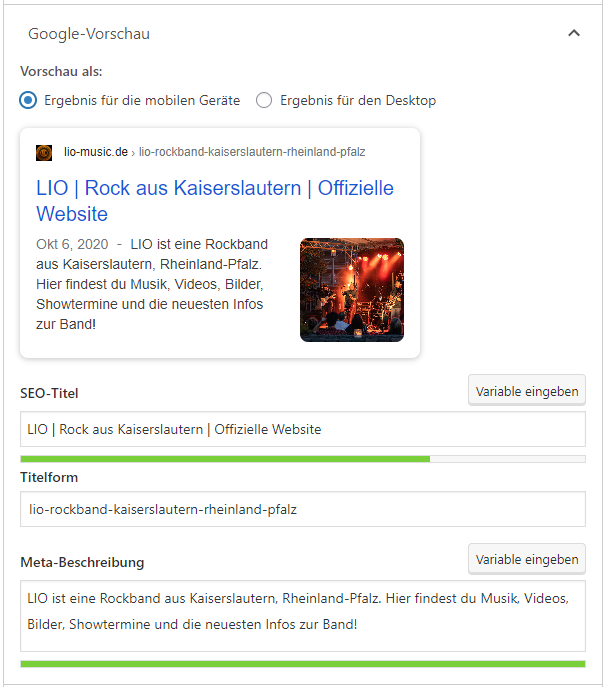 Beispiel von der Website der Rockband LIO aus Kaiserslautern, wie man seine SERP Snippets mit dem Yoast SEO Plugin bearbeitet.