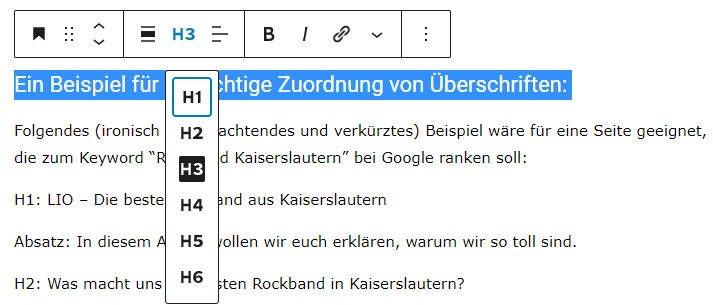 Beispiel, wie man als Band SEO-Überschriften richtig zuordnet