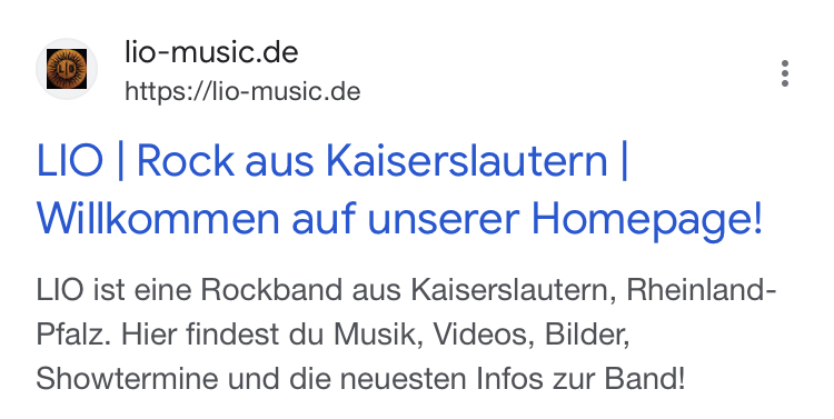 SERP Snippet von der Homepage der Rockband LIO aus Kaiserslautern