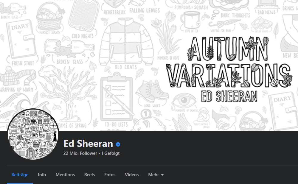Erfolg bei Facebook: 22 Millionen Fans oder geht auch weniger? / (c) (FB Dark Mode) Ed Sheeran, Facebook