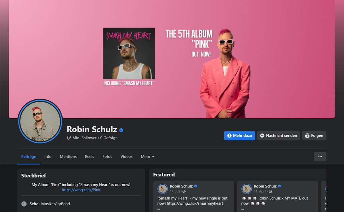 Robin Schulz Facebook Fanpage mit Darstellung des neuen Albums / (c) (FB Dark Mode) Robin Schulz, Facebook