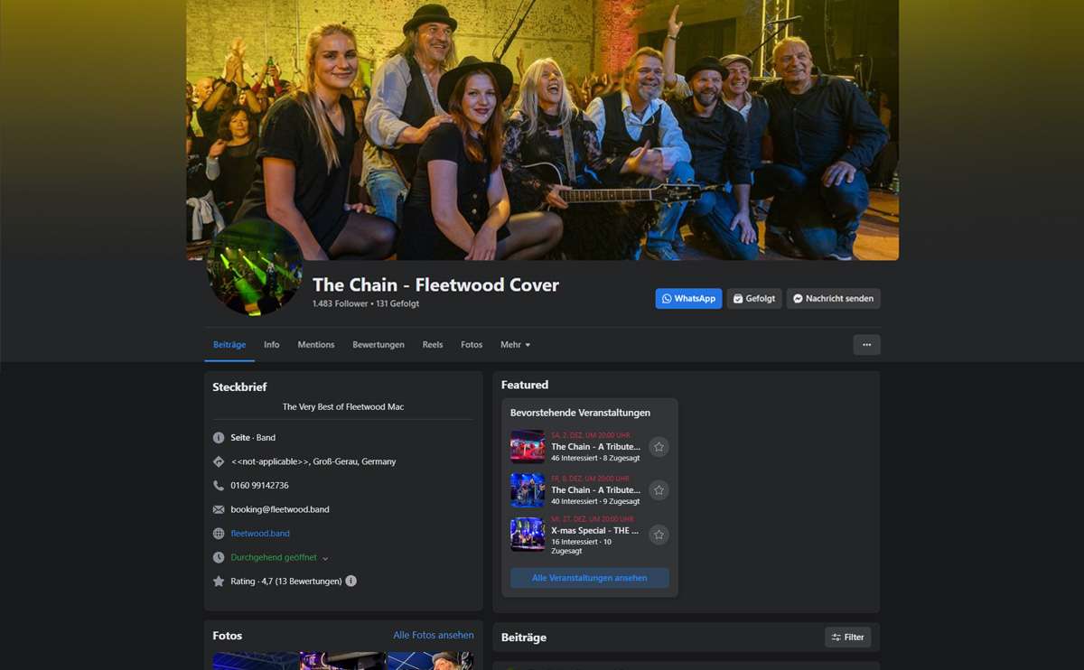 Facebook für Musiker und Bands - The Chain (Fleedwood Mac - Cover) haben alles richtig gemacht! Das Wichtigste auf den ersten Blick: Band-Steckbrief, Konzerttermine, Livefotos und bedeutsame Beiträge ... / © ( FB Dark Mode) The Chain, Facebook