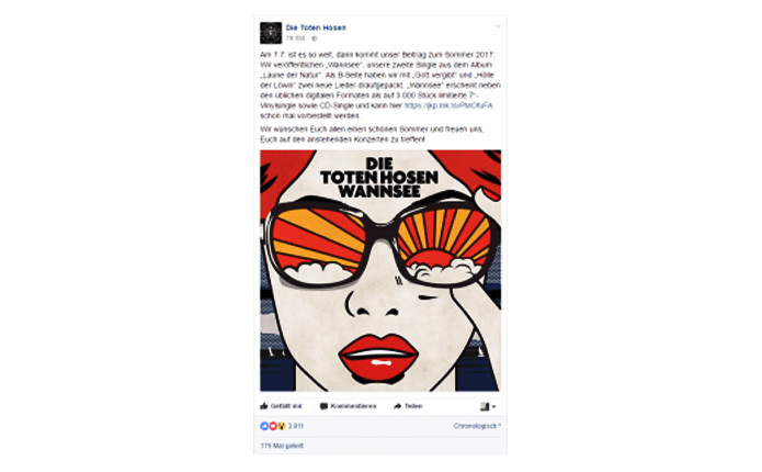 Facebook-Ankündigung der Hosen zur Single Wannsee / © Musik-Marketing.net