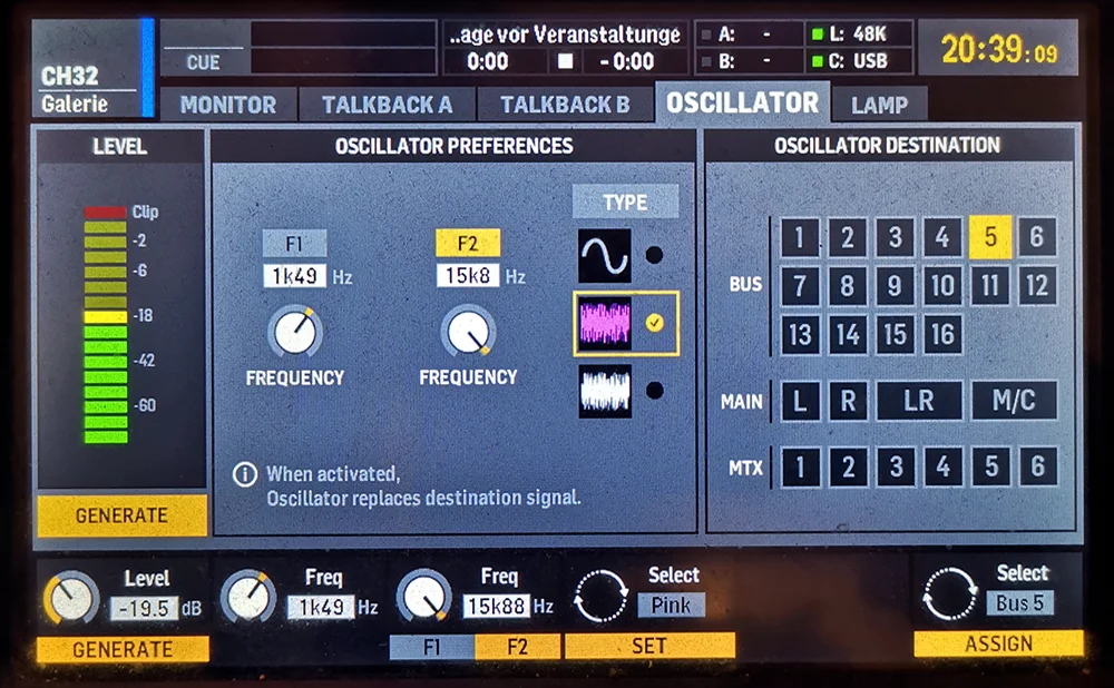 02.) Display des Behringer X32: Pink Noise Generator auf Bus 5; Messkanal ist Channel 2 / © Engelmann Promotion, Andy C.