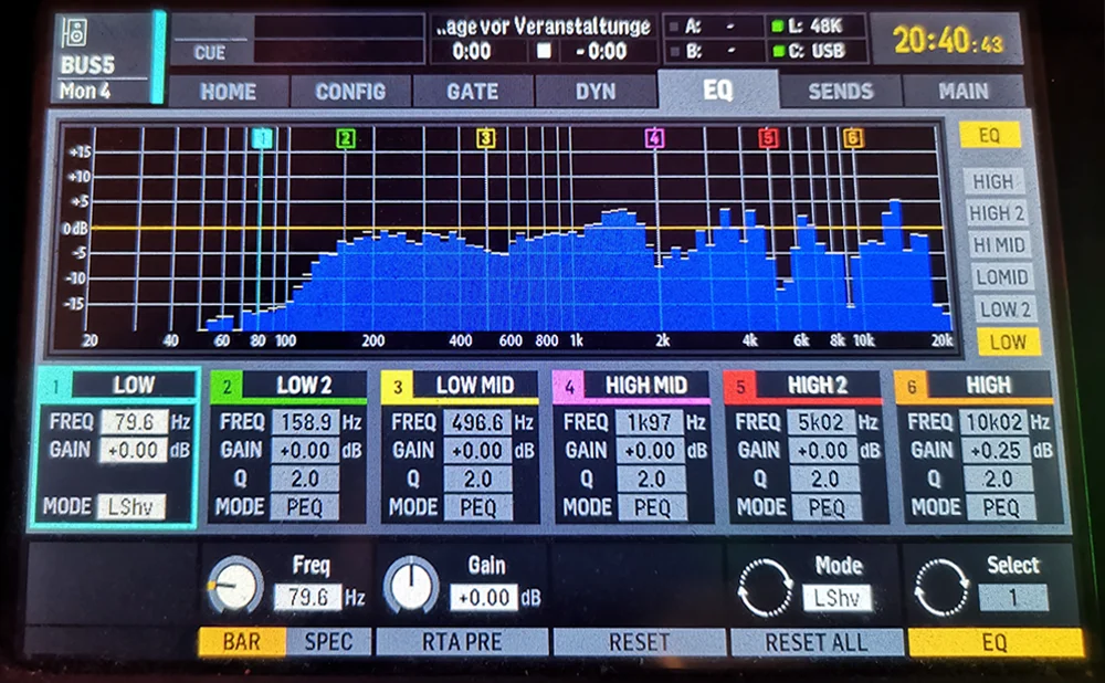 03.) Display des Behringer X32: Noise auf Bus 5; RTA = Messmikro Channel 32 / © Engelmann Promotion, Andy C.