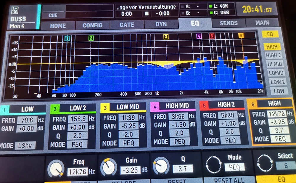 04.) Display des Behringer X32: EQ Bus 5; RTA über Channel 32 / © Engelmann Promotion, Andy C.