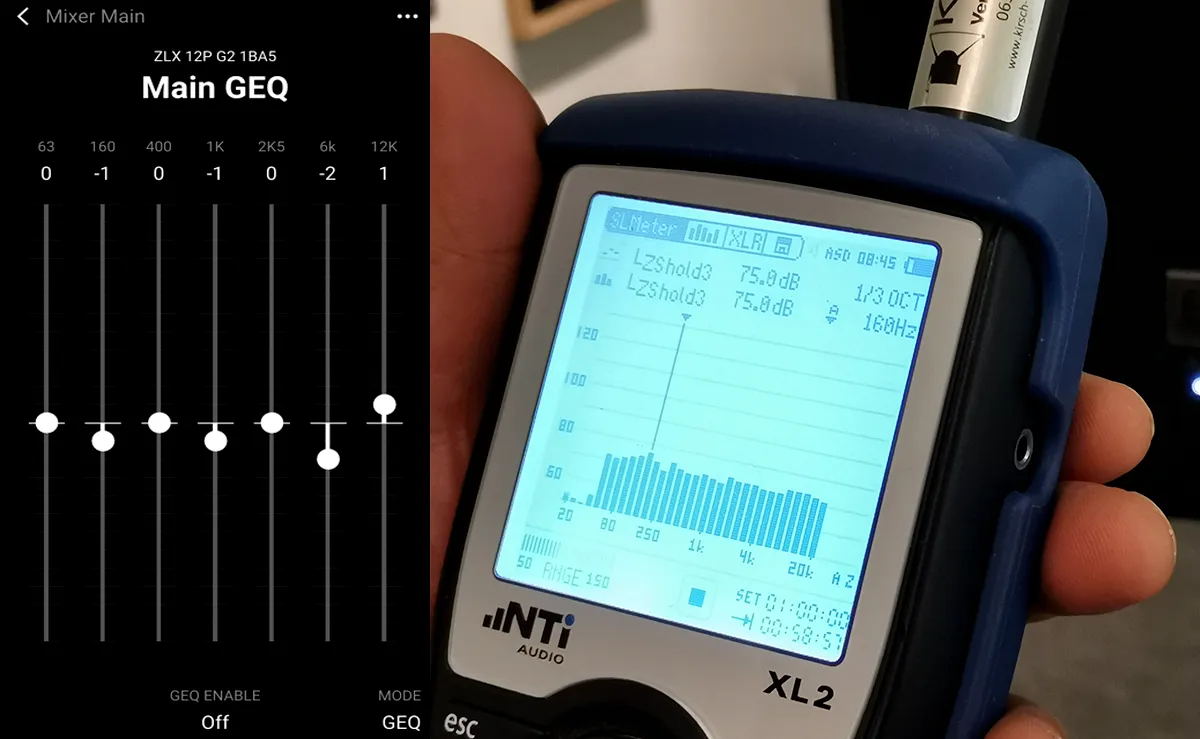 Rechts: Um die Wirksamkeit zu demonstrieren, hier einen schnell eingestellten, einiger-maßen „geraden Frequenzgang“ - Links: Punktgenaue Einstellung mit dem EQ des EV GLX 12P G2 Aktivspeakers / © Engelmann Promotion