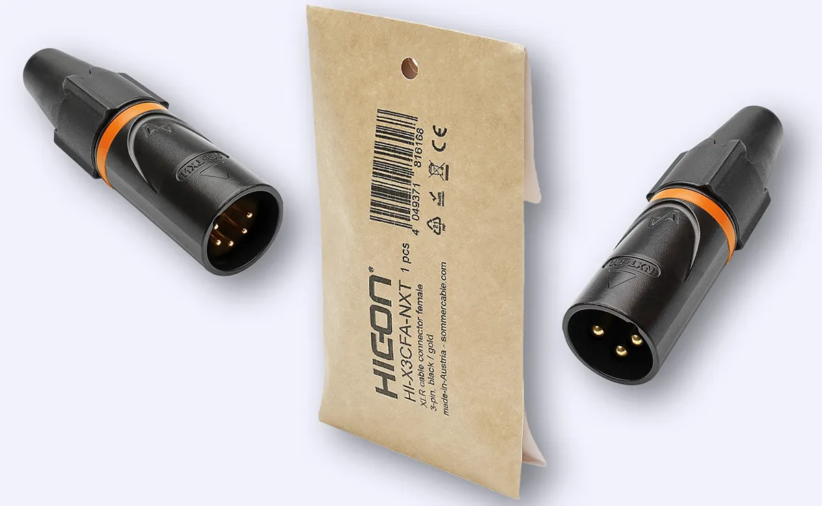 Die drei- und fünfpoligen Stecker und eine umweltfrundliche Verpackung aus Pappe © Sommer Cable