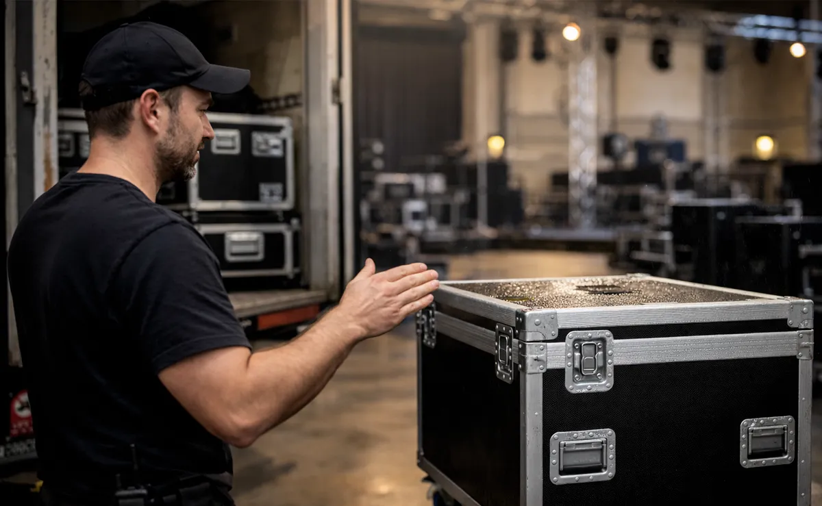 Techniker im Lager mit nassem Case © KI-generiert, Engelmann Promotion