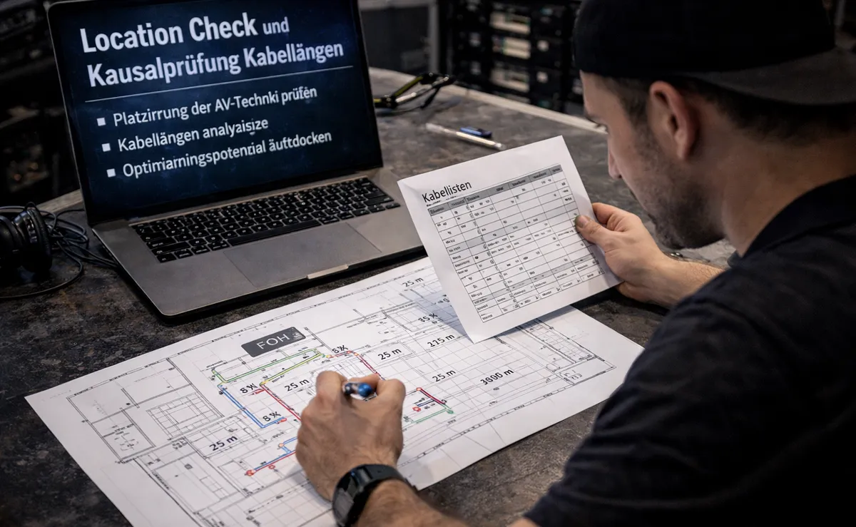 Wo liegen die Kabel? Wie lang sind sie? Kann optimiert werden? Kausalprüfung Kabel mit der KI &copy; KI-generiert, Engelmann Promotion