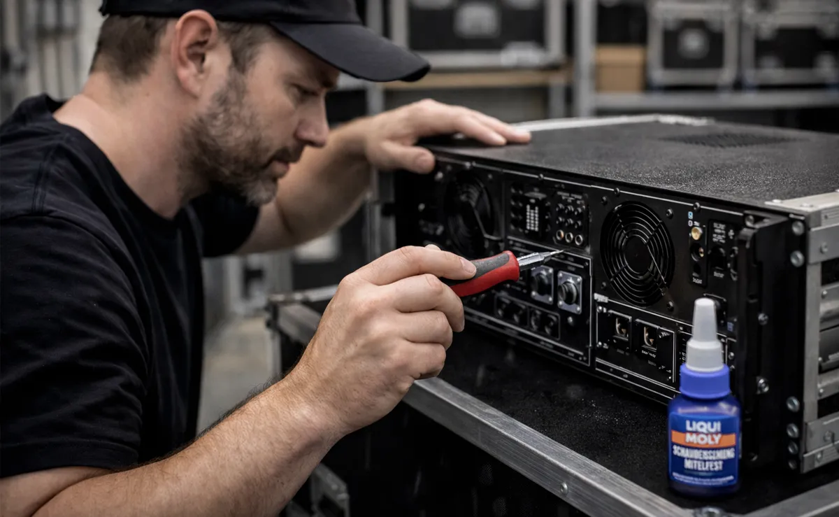 Techniker verklebt Schrauben mit flüssiger Schraubensicherung (Liqui Moly) © KI-generiert, Engelmann Promotion