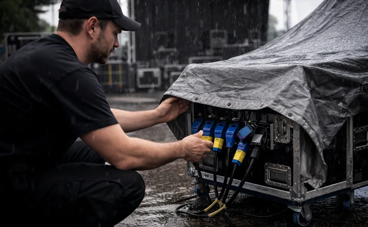 Techniker schützt den Stromhauptanschlußkasten vor Regen © KI-generiert, Engelmann Promotion
