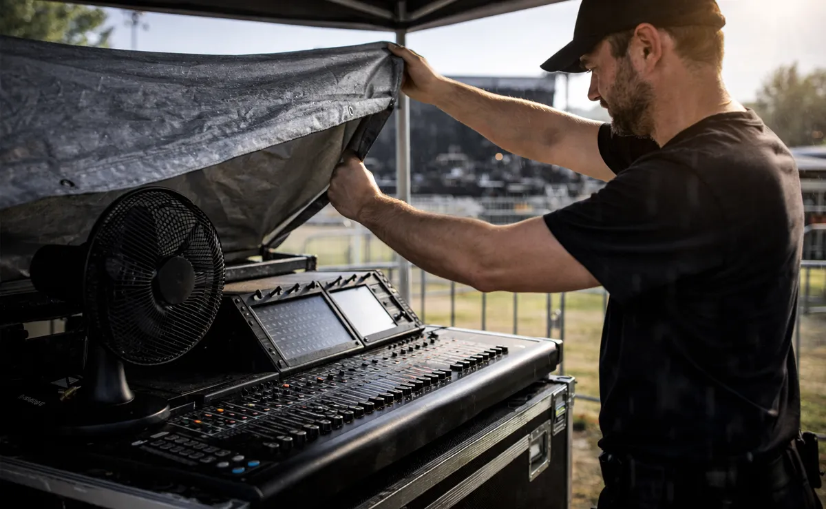 Nach einem Regenguß bereitet der Techniker das geschützte Mischpult vor © KI-generiert, Engelmann Promotion