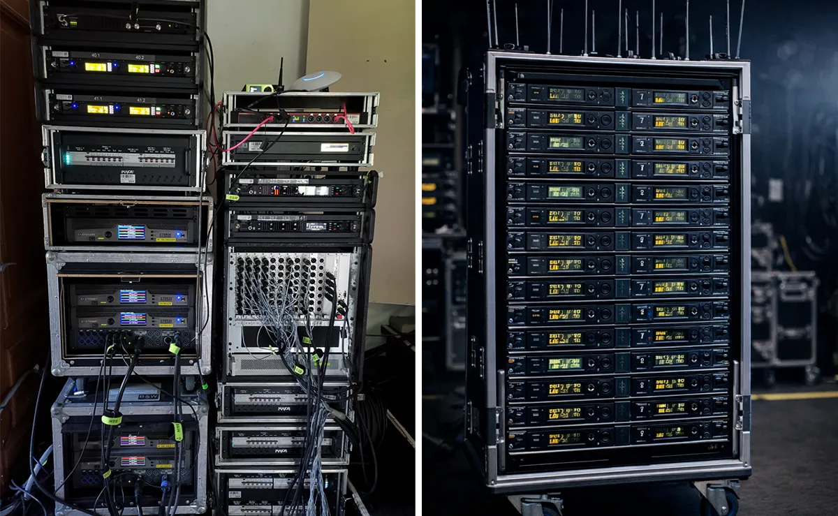 Links: Soundinfrastruktur an der Seitenbuehne – Tourproduktion, Rechts: Großes Funkrack © KI-generiert, Engelmann Promotion