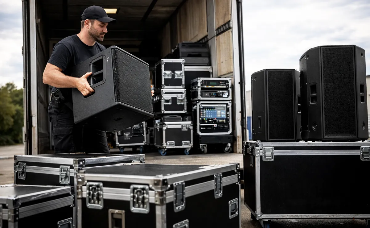 Stagehand beim Entladen des Equipments © KI-generiert, Engelmann Promotion