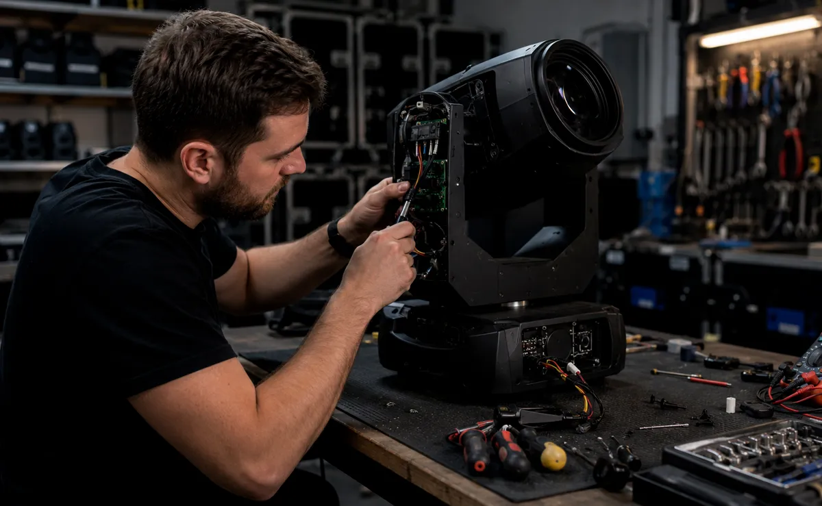 Lichttechniker bei der Reparatur eines MovingHeads / KI-generiert, Engelmann Promotion