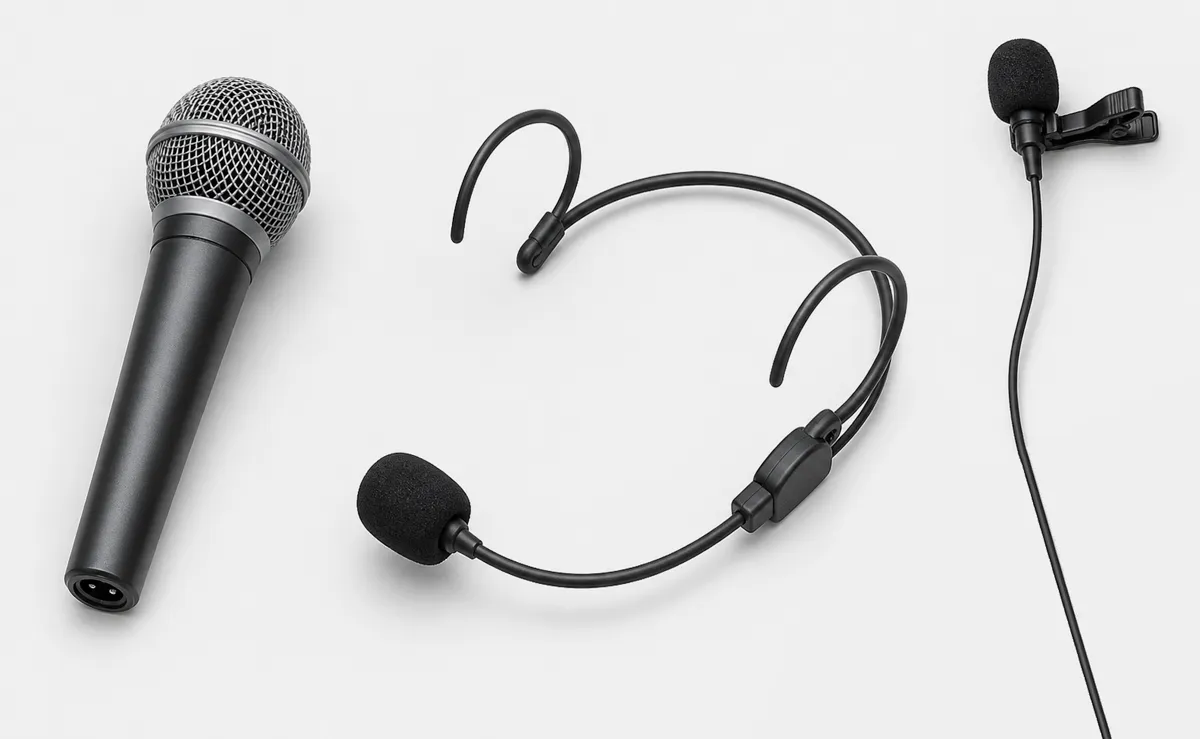 Mögliche Mikrofontypen für eine Rede, v.L.n.R: Handmikrofon, Headset, Laviermikrofon zum Anstecken an die Kleidung © KI-generiert, Engelmann Promotion