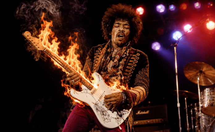 Jimi Hendrix verbrennt seine Gitarre - ein Bild mit Symbolkraft / KI-generiert