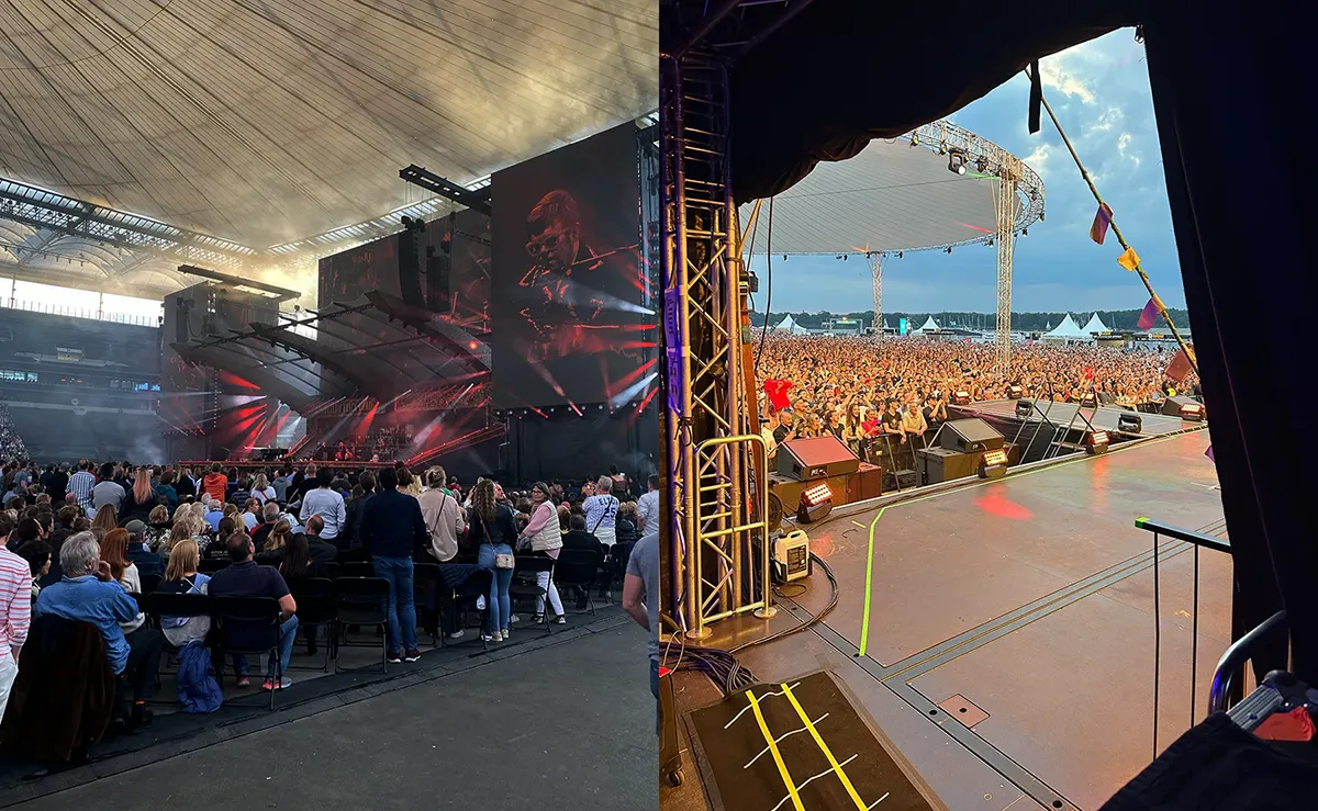Links: Örtliche Produktion mit Elton John / Rechts: On Tour mit Toto © Geisterfamilie