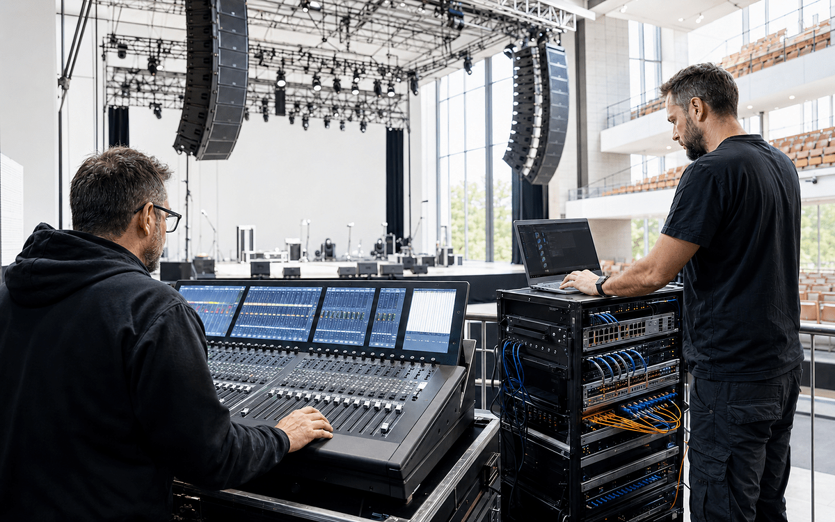 Tontechniker arbeiten am digitalen Mischpult und an einem Netzwerk-Rack