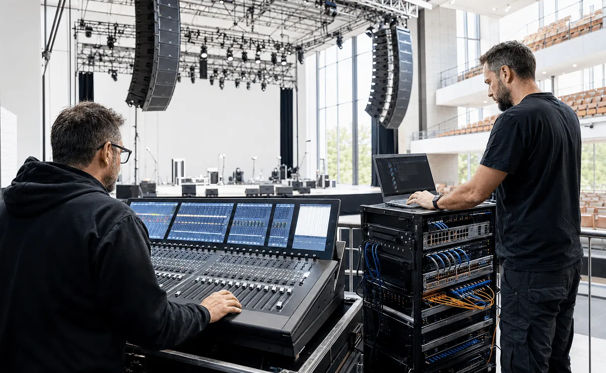 Moderne Tonproduktionen sind eng mit Netzwerktechnik verbunden – genau hier setzen SQQ7 und SQQ10 an. Copyright: StageAID / KI-generiert