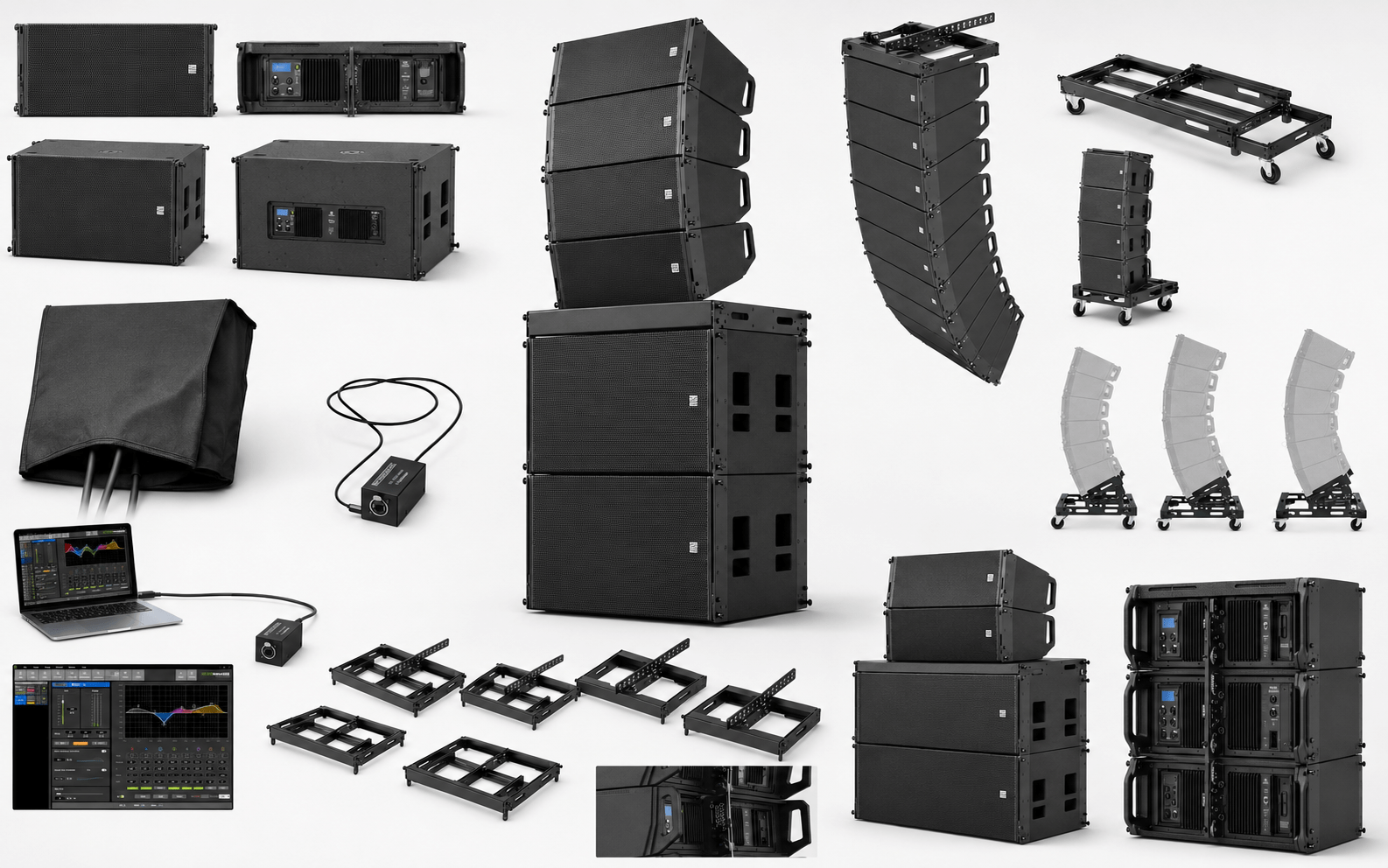 Übersicht des Pronomic XANA Zubehörs: Powercon Thru Patches, Regenschutz, Flyware, Dollys und USB-Dongle