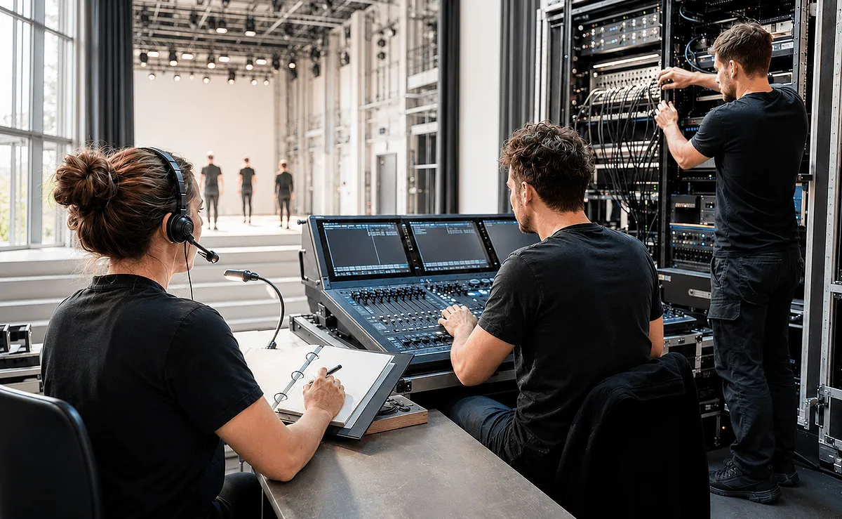 Im Theater greifen Ablaufkoordination, Lichtsteuerung und technische Systembetreuung unmittelbar ineinander. Copyright: StageAID / KI-generiert