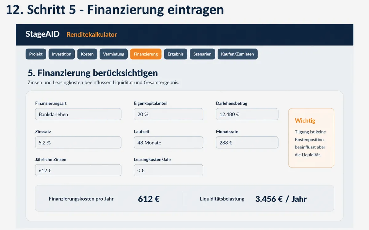 Finanzierungskosten und Liquiditätsbelastung werden getrennt betrachtet. © Engelmann Promotion