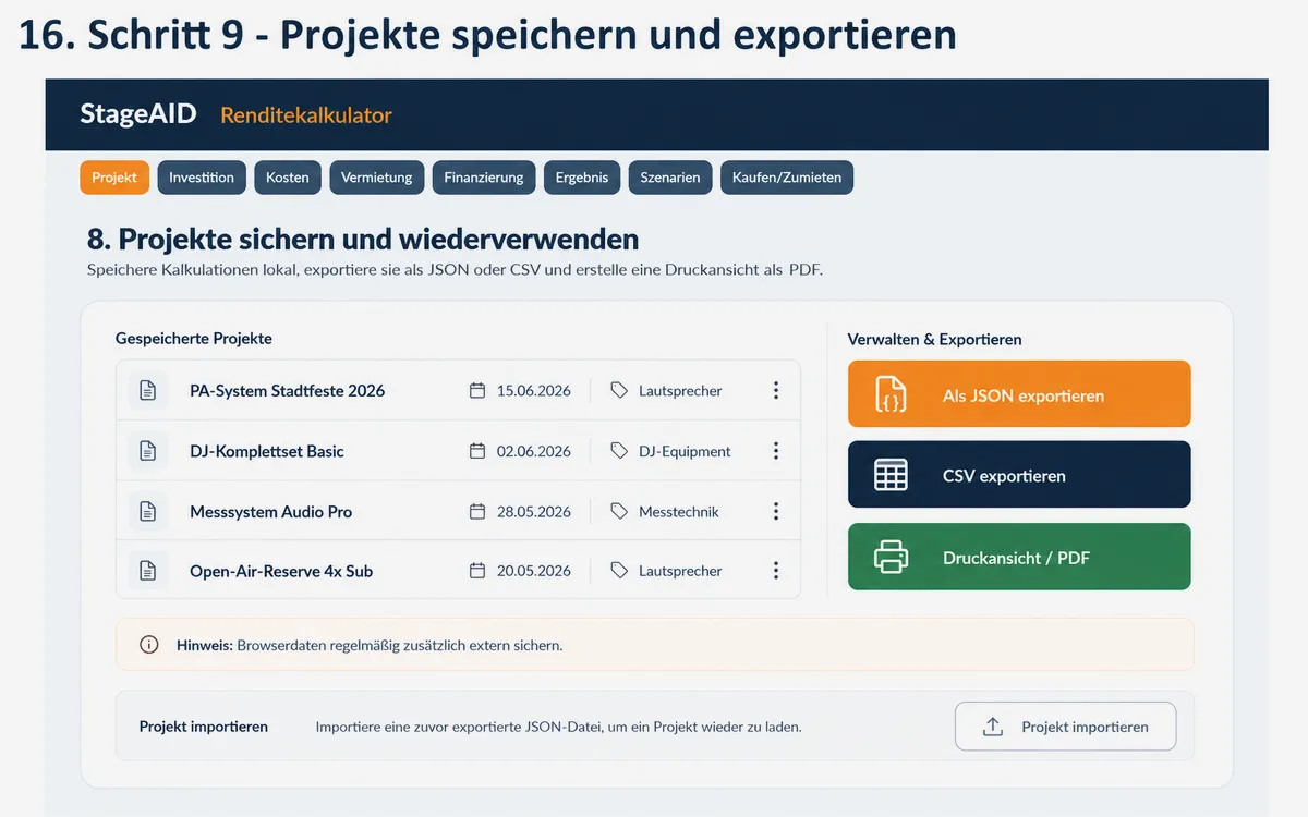 Projekte lassen sich speichern, als JSON oder CSV exportieren, als PDF dokumentieren und später wieder importieren. © Engelmann Promotion