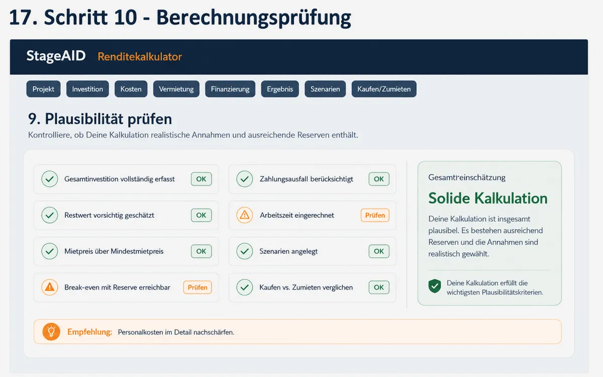 Die Plausibilitätsprüfung bündelt die wichtigsten Kontrollpunkte und markiert Werte, die nachgeschärft werden sollten. © Engelmann Promotion