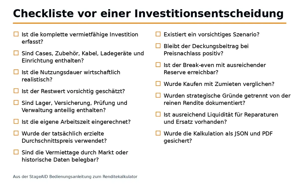Die vollständige Checkliste aus der Bedienungsanleitung verhindert, dass wichtige Kosten und Risiken übersehen werden.