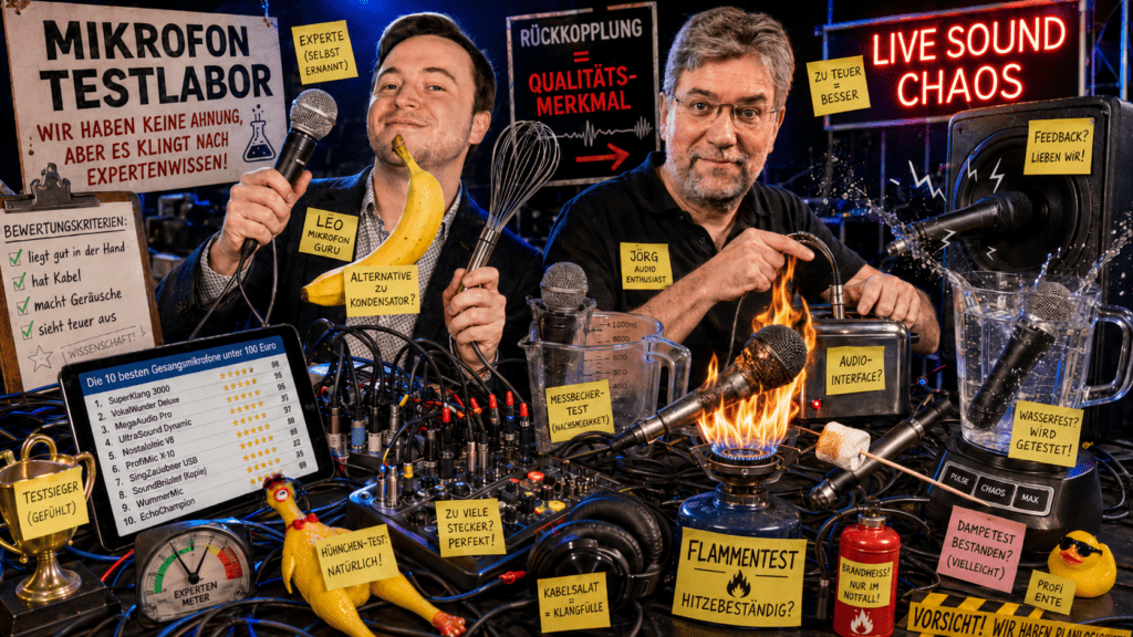 Leo und Jörg beim Mikrofontest, KI generiert