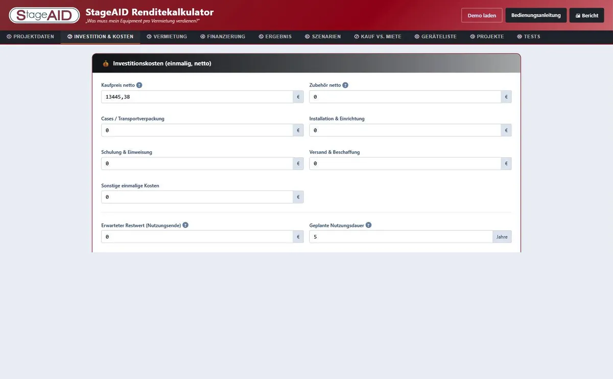 Screenshot: Investitionskosten-Eingabe für XANA im StageAID-Renditerechner. © StageAID-Renditerechner (Zur Vergrößerung ins Bild klicken)