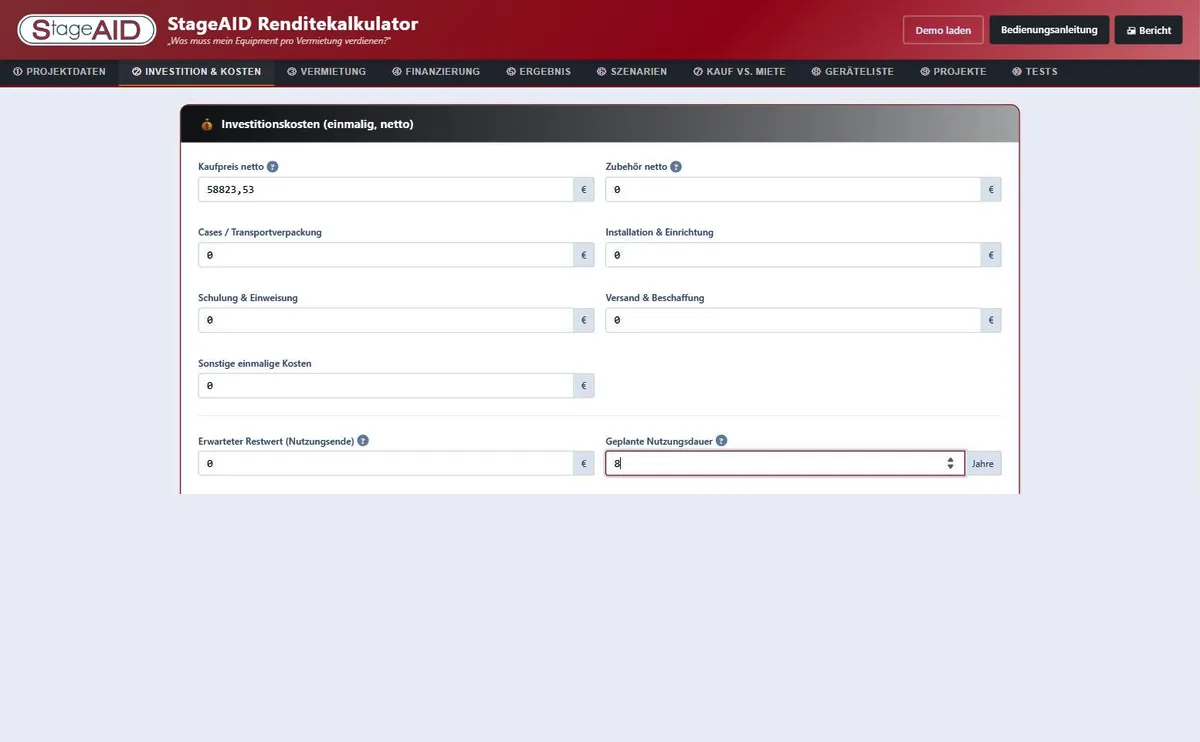 Screenshot: Investitionskosten-Eingabe für das Fremdsystem. © StageAID-Renditerechner (Zur Vergrößerung ins Bild klicken)