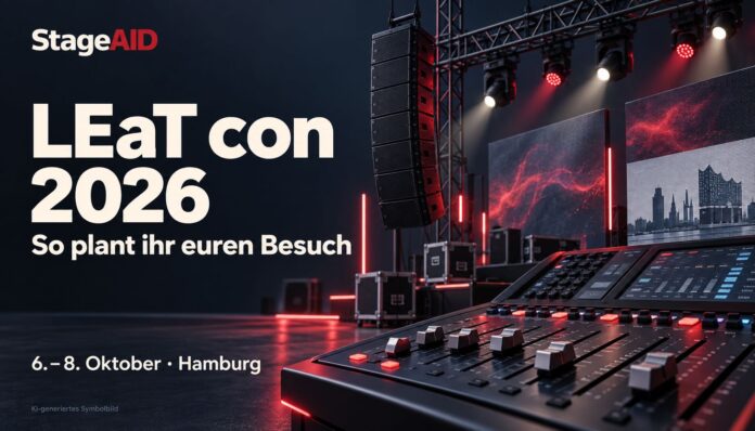KI-Symbolbild mit Mischpult, Lautsprechern und Bühnenlicht zum Besuchsführer der LEaT con 2026 in Hamburg.