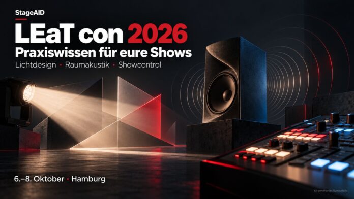 KI-Symbolillustration mit Bühnenlicht, Lautsprecher und Steuerpult zu Lichtdesign, Raumakustik und Showcontrol auf der LEaT con 2026.