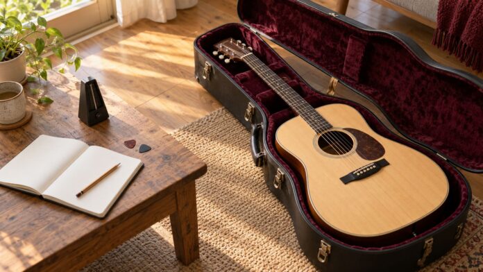 Akustikgitarre im offenen Koffer neben einem Tisch mit Übeheft, Plektren und Metronom.